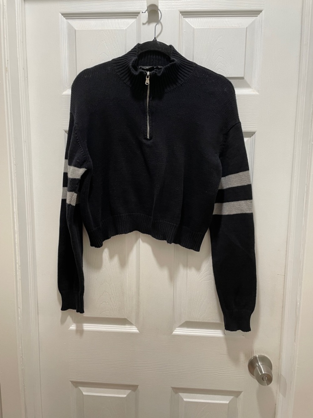AE Studio Black Half-Zip Stripe Sleeve Women's Sweater